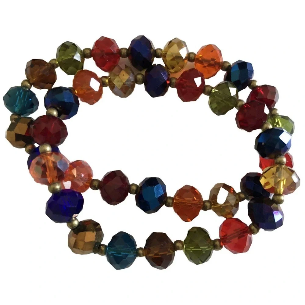 Set Of 2 Faceted Resin Crystal Beaded Stretch Bracelet Multi-Colors Jewelry